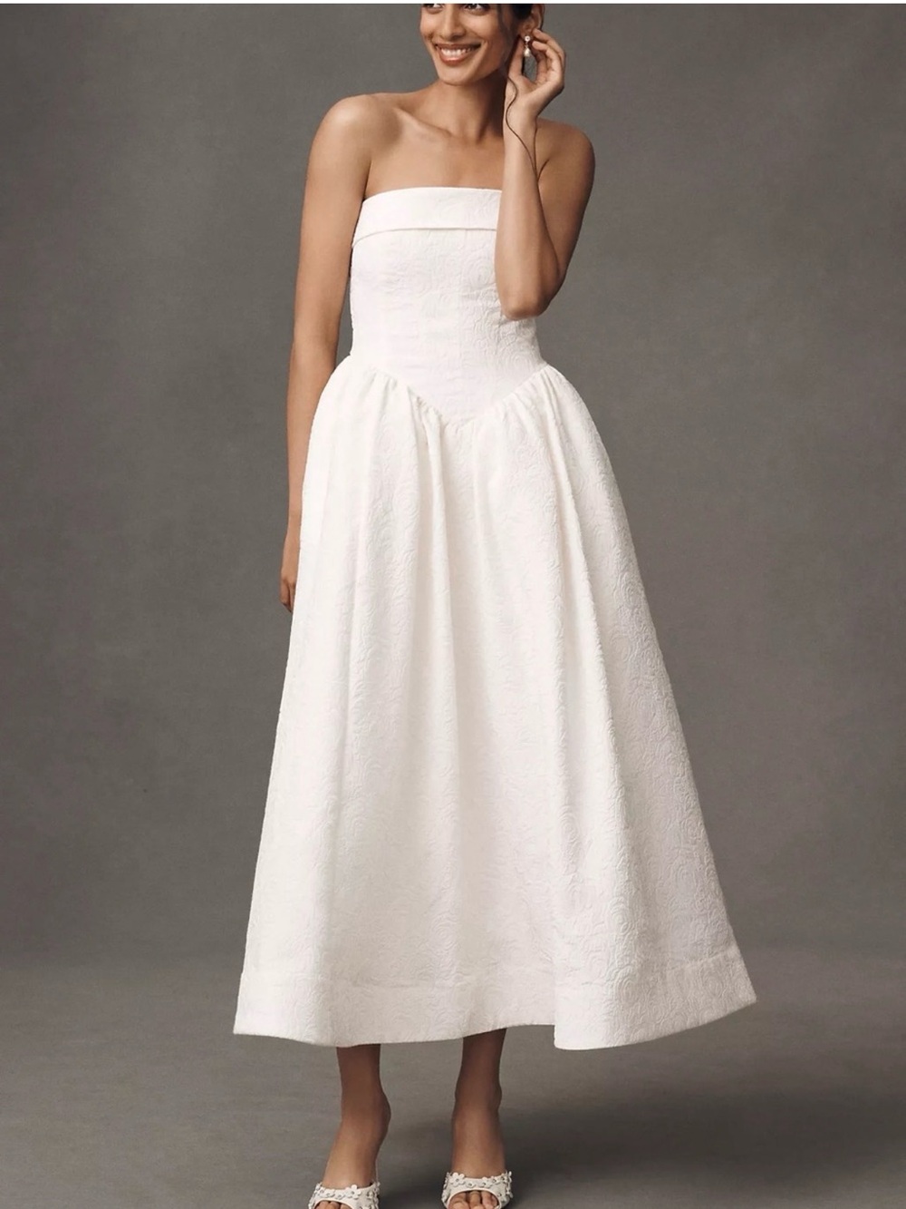 BHLDN strapless drop-waist jacquard midi dress NWT